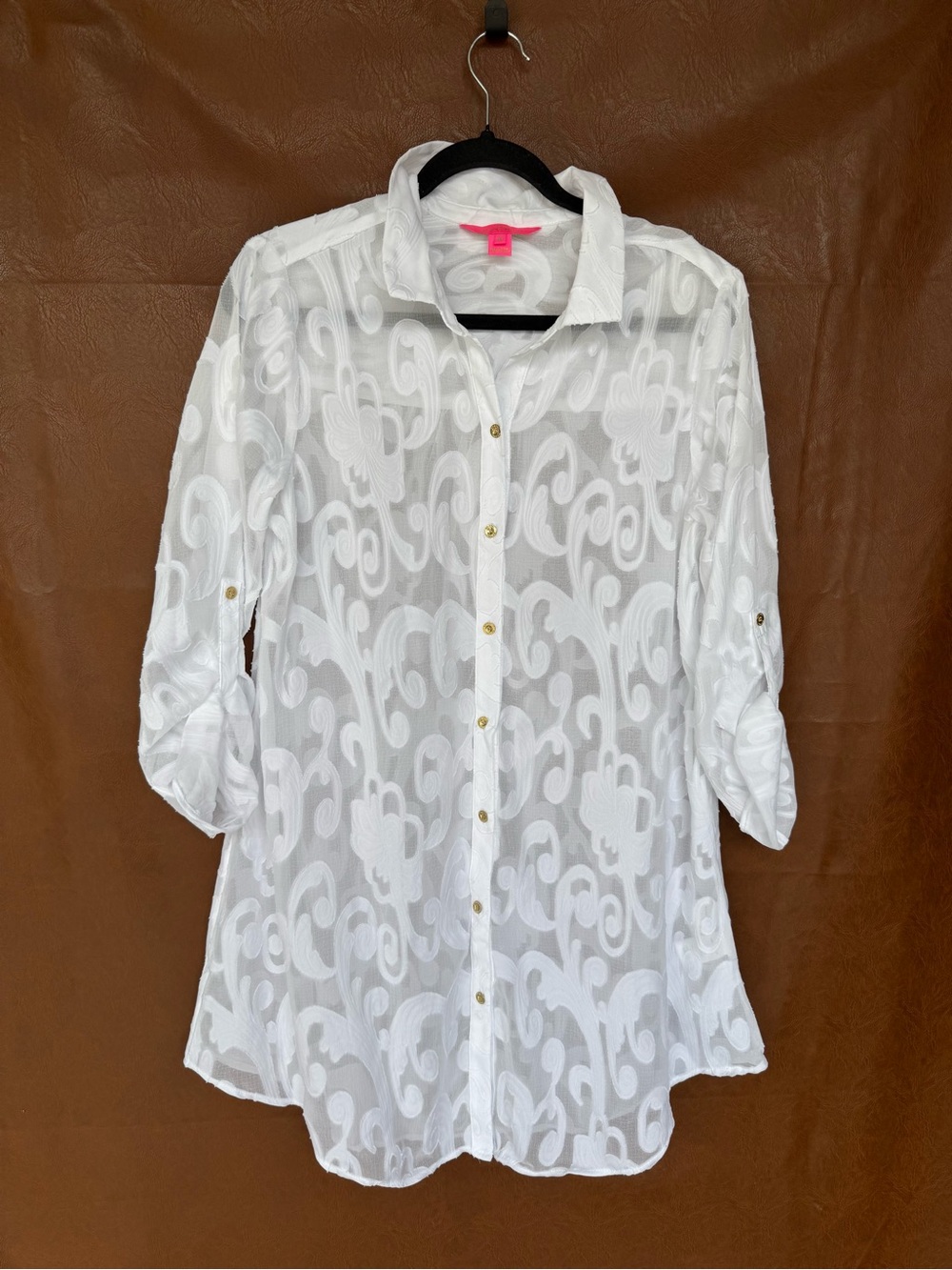 Lilly Pulitzer Womens M White Sheer Swim Cover Up Tunic Shirt Dress Resort
